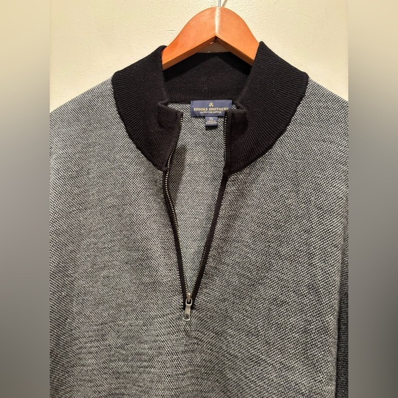 Men's Gray Sweater with Black Accents brooks brothers wool quarter zip fancy men - Picture 9 of 13